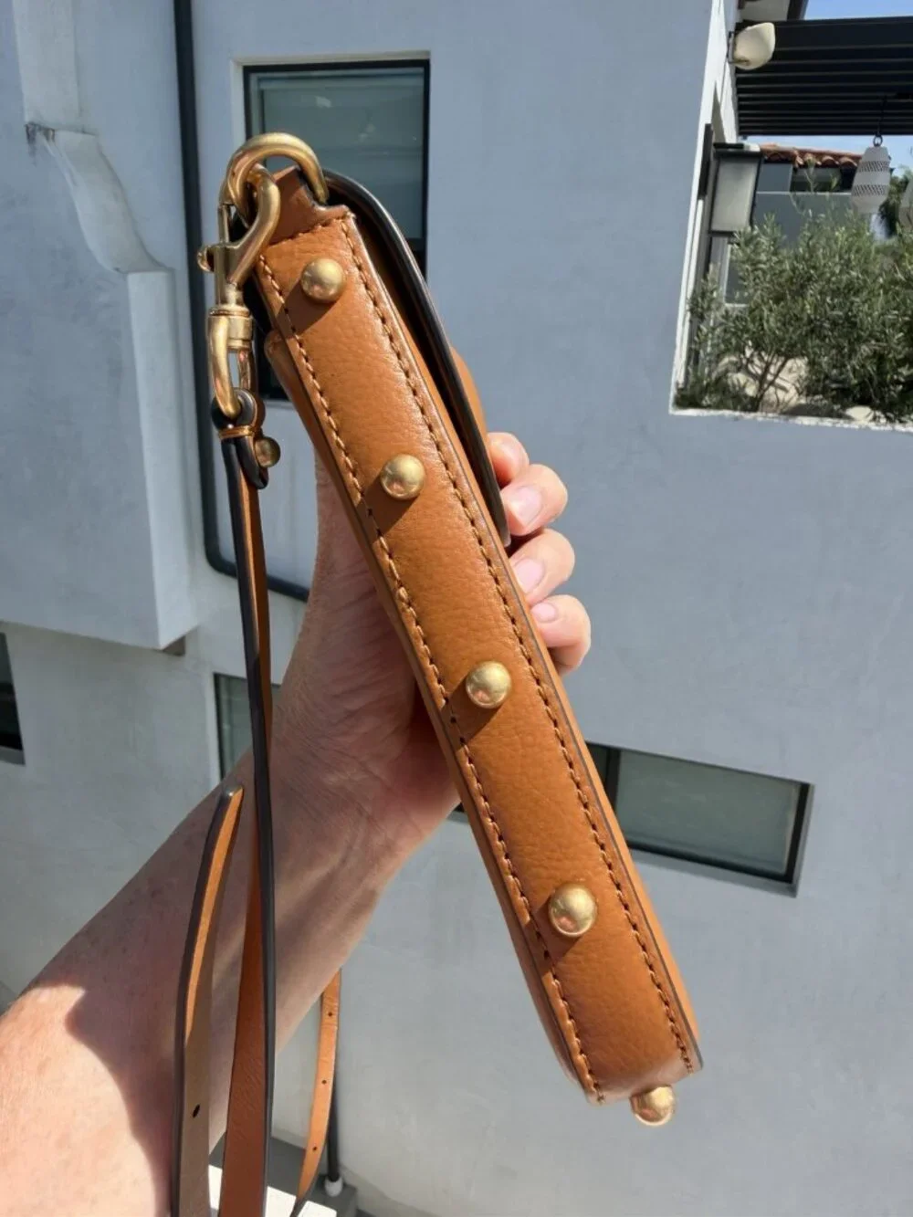 Rebecca Minkoff brown leather crossbody phone gold studded bag travel
